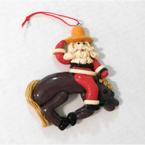 Cowboy Santa Ornament Bucking Bronco Horse Glazed Dough Clay 5"x4" - Picture 1 of 8